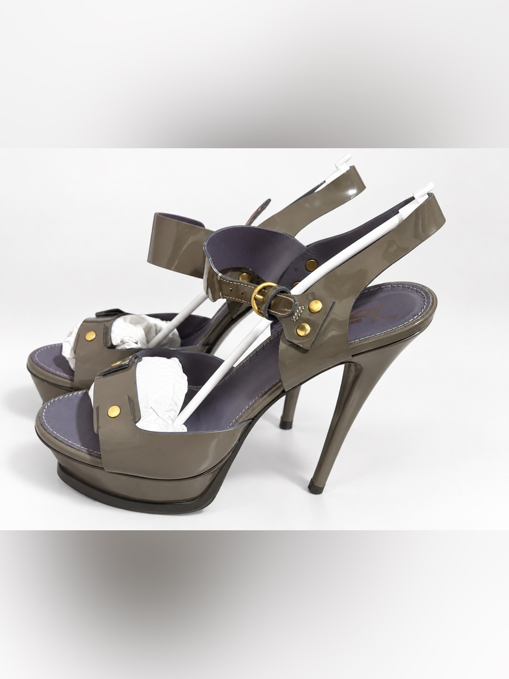 Yves Saint Laurent Taupe Patent Platform Slingback Heels with Gold Hardware